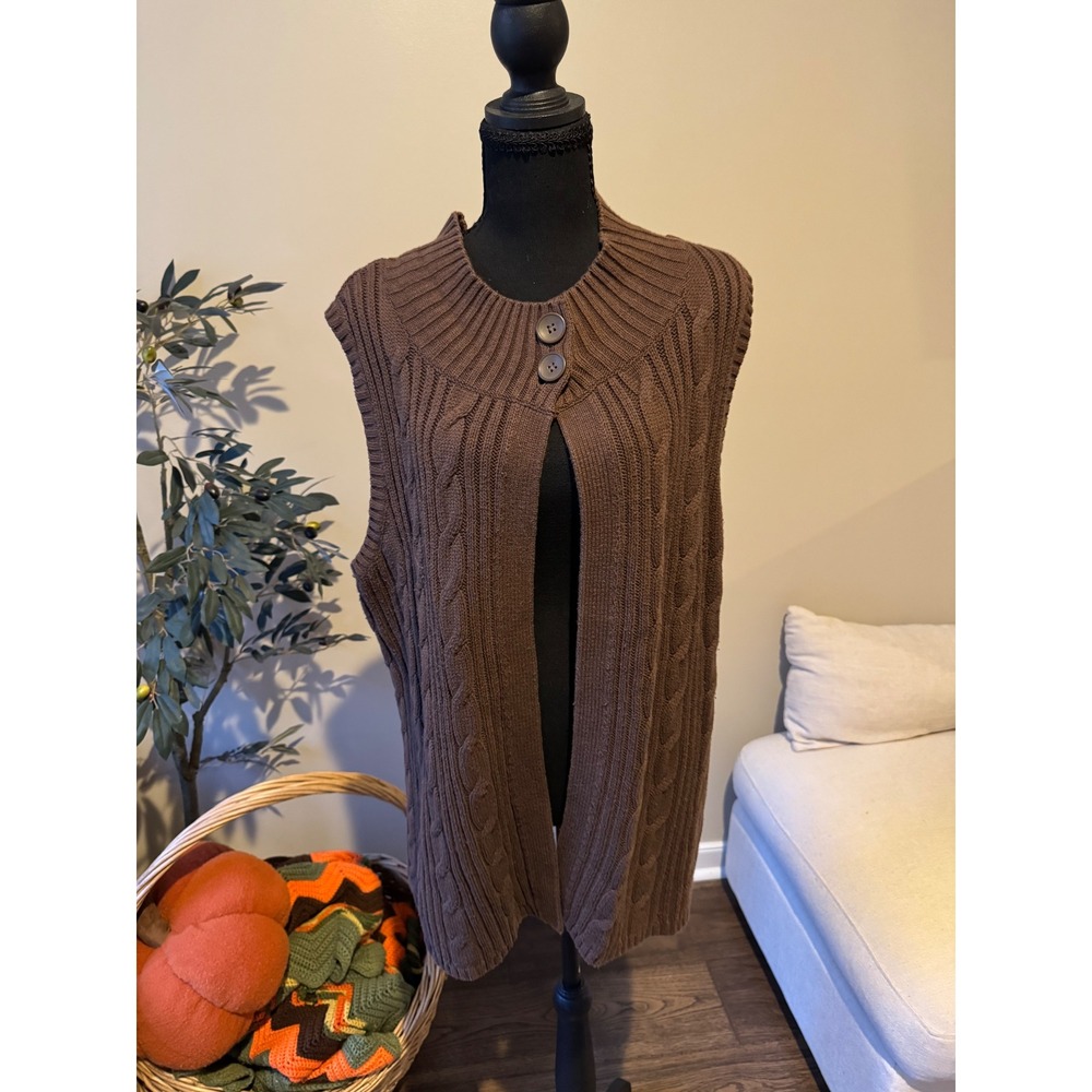 Kim Rogers Woman Brown Cable Knit Sweater Vest Mock Neck Button Front Plus 1X